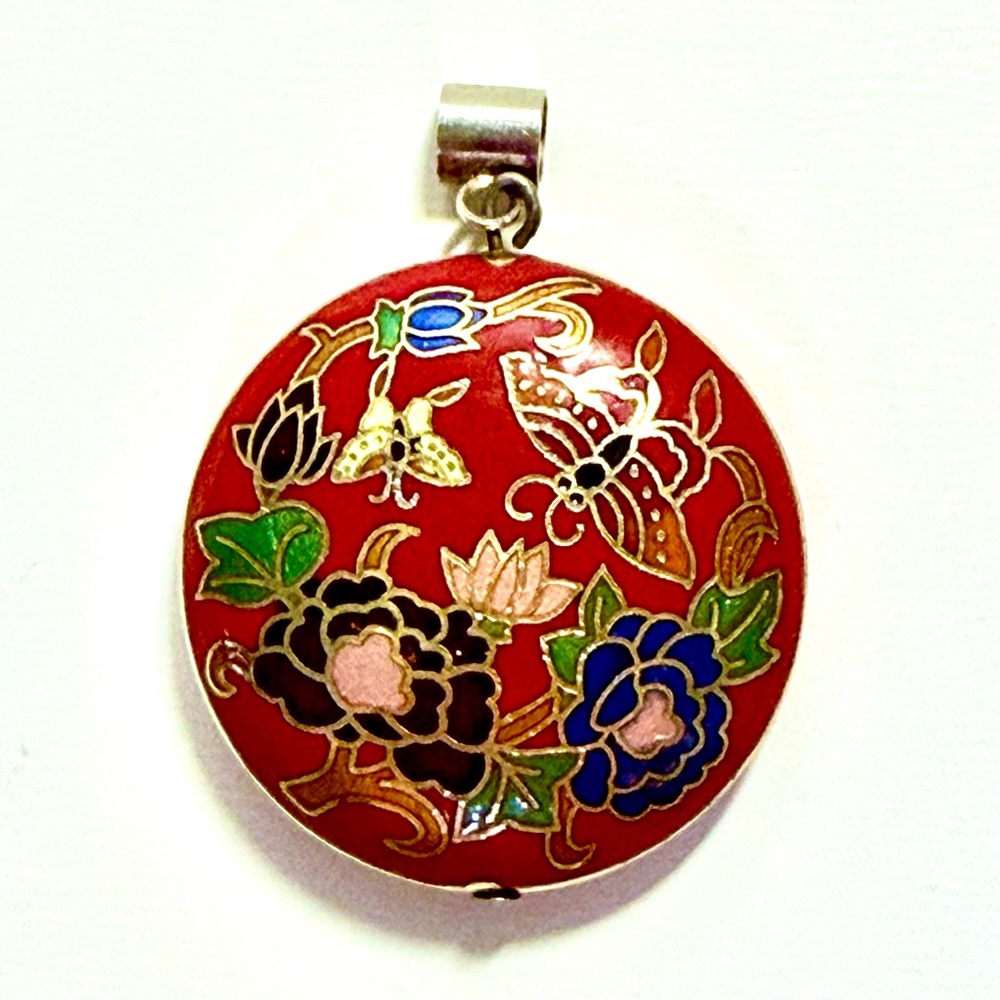 Vintage Chinese Cloisonné Enamel Pendant - Red Peony & Butterfly - Double Sided